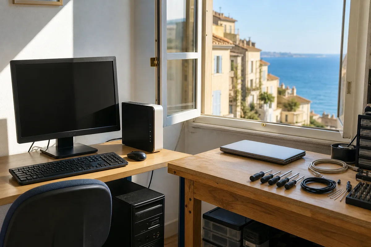 Ordinateur fixe et box internet installés sur un bureau domestique