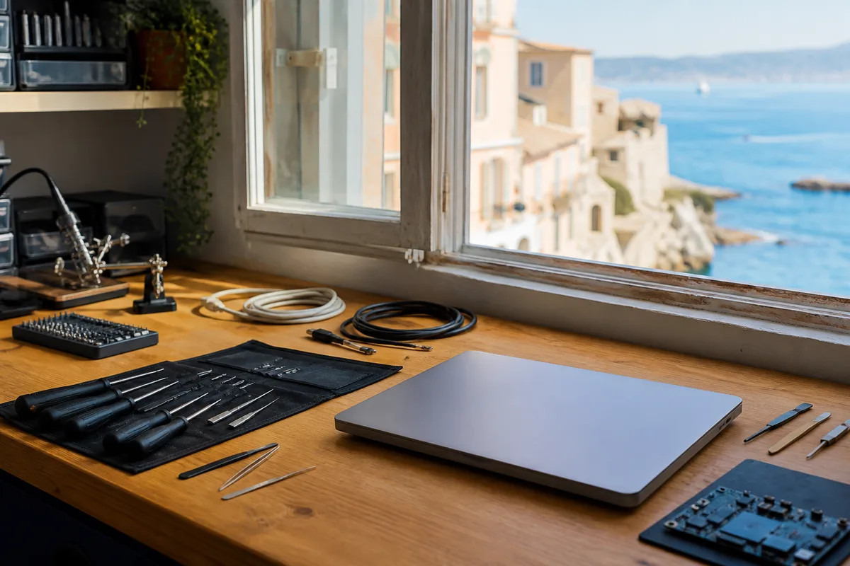 Établi de réparation avec un ordinateur portable ouvert et des outils de démontage