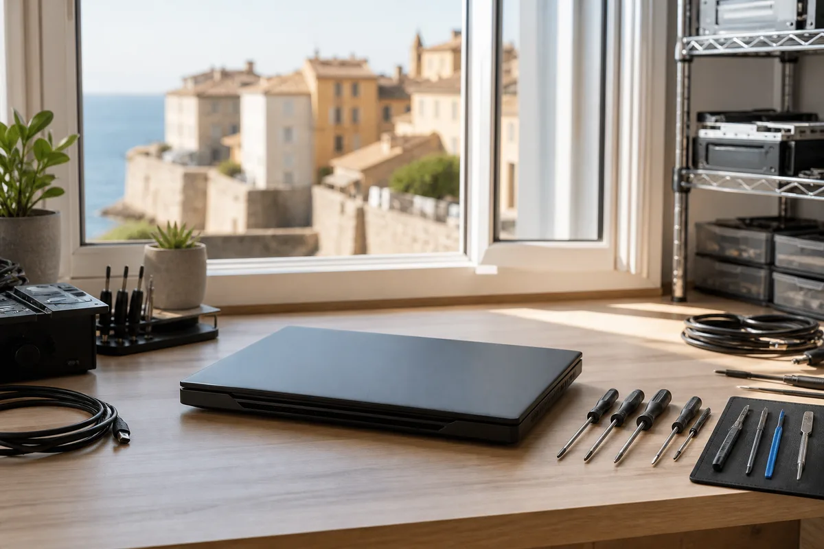 Ordinateur portable en cours de diagnostic sur un plan de travail clair