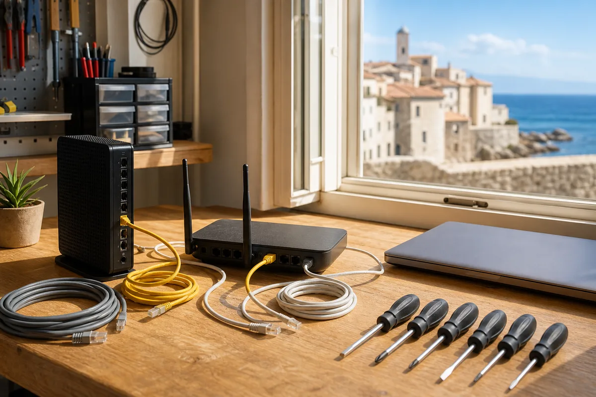 Câbles réseau et boîtier wifi disposés près d&rsquo;une box internet