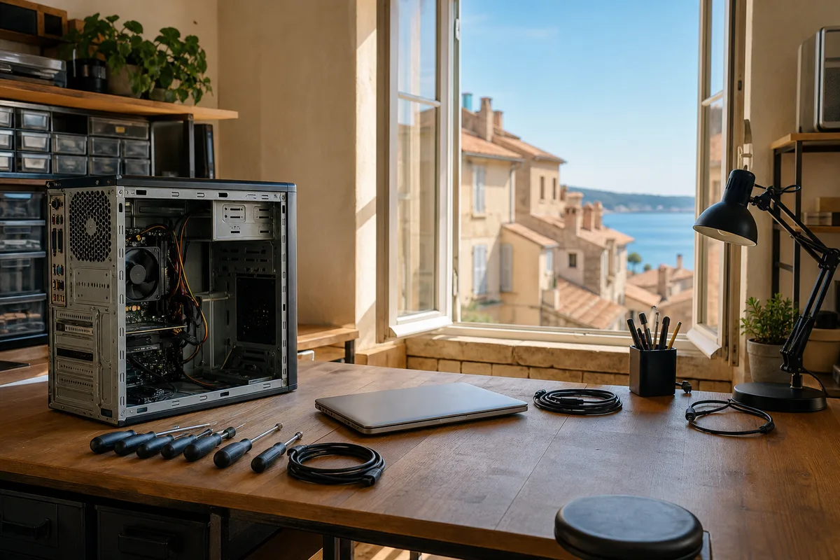 Établi de réparation avec un ordinateur portable ouvert, tournevis de précision et carte mère sous une lampe