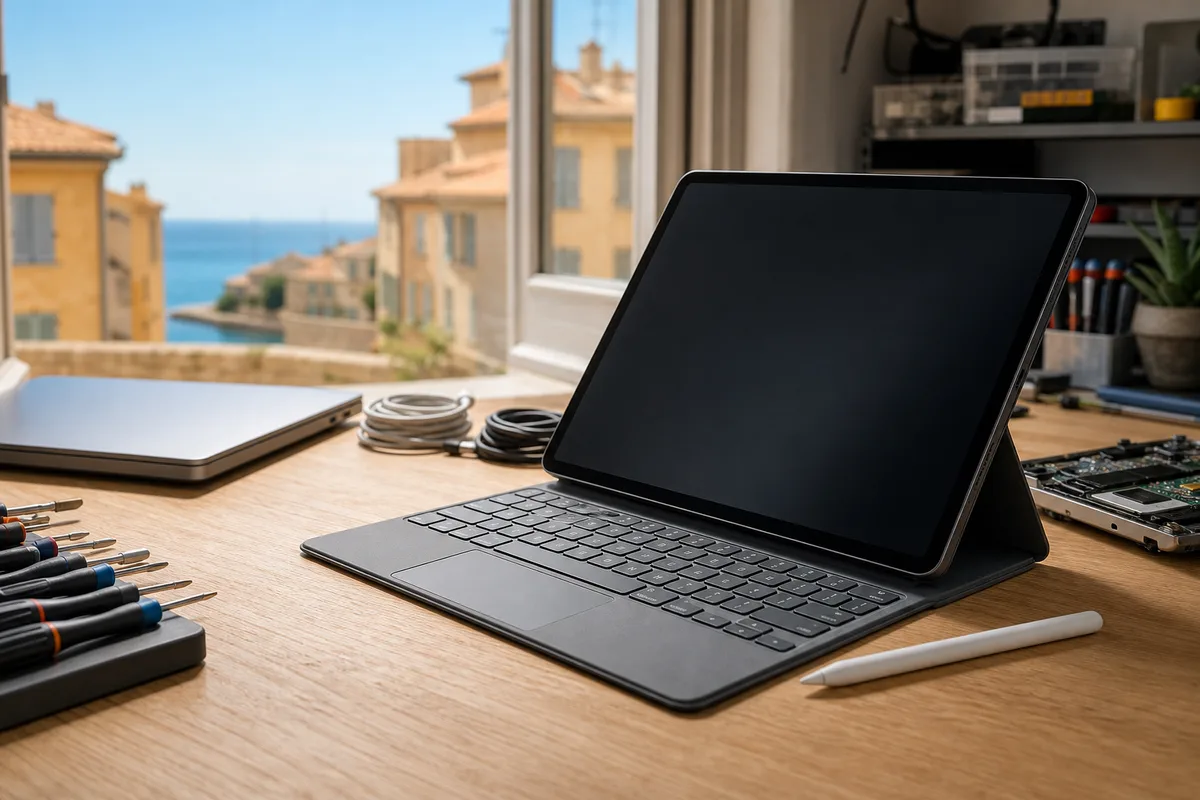 Tablette posée sur un support avec un clavier détachable et un stylet