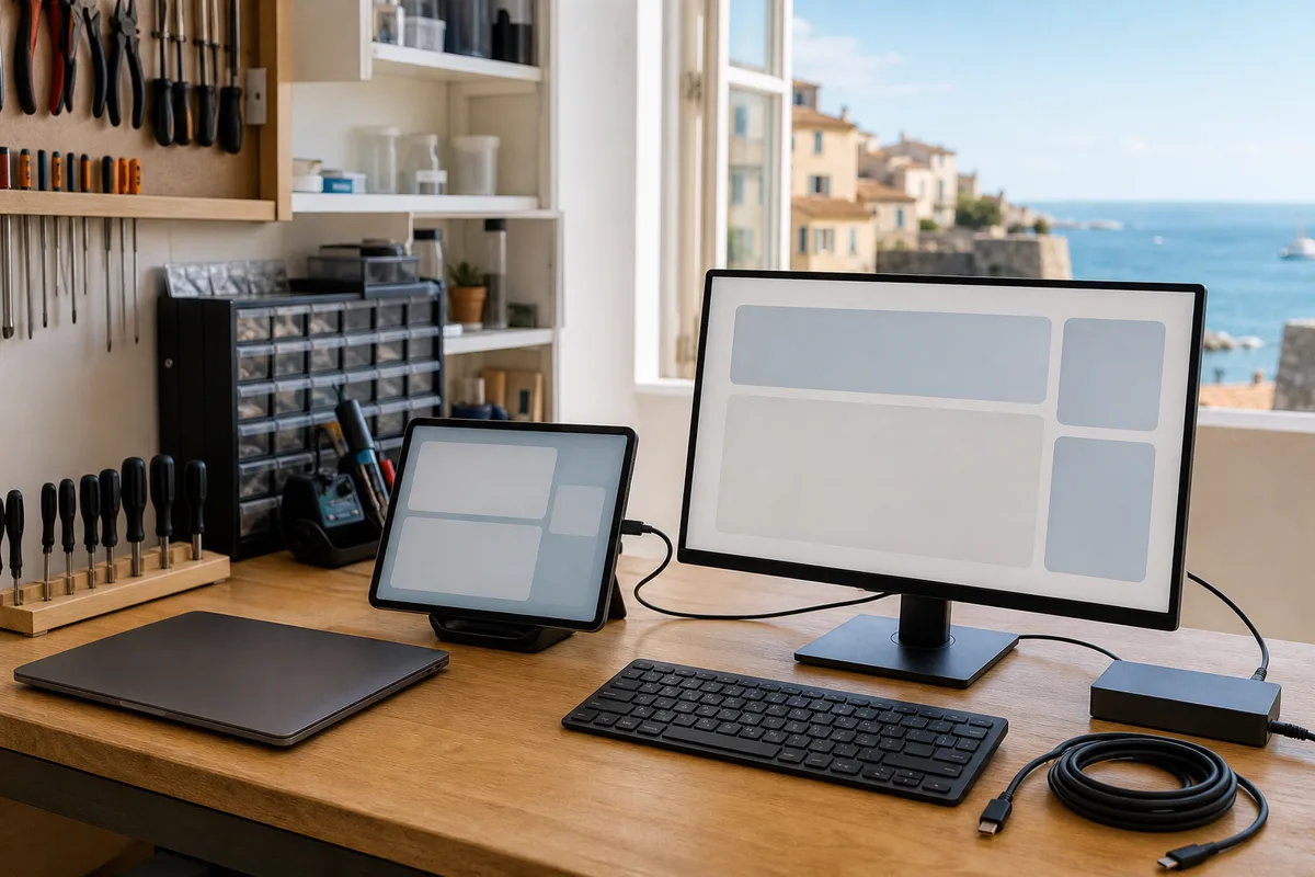 Tablette connectée à un écran externe et à un clavier sur un bureau