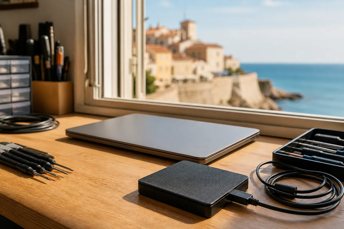 Disque dur externe posé à côté d&rsquo;un ordinateur portable fermé
